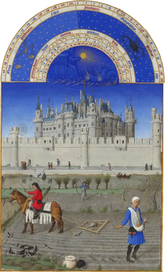 The October page of a calendar book: a sower and a rider with a harrow before a great castle, under a blue arc of the zodiac.